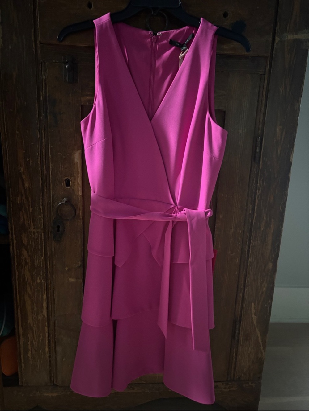 Fuchsia Sleeveless Wrap-Style Tiered Midi Dress with Self-Tie Waist